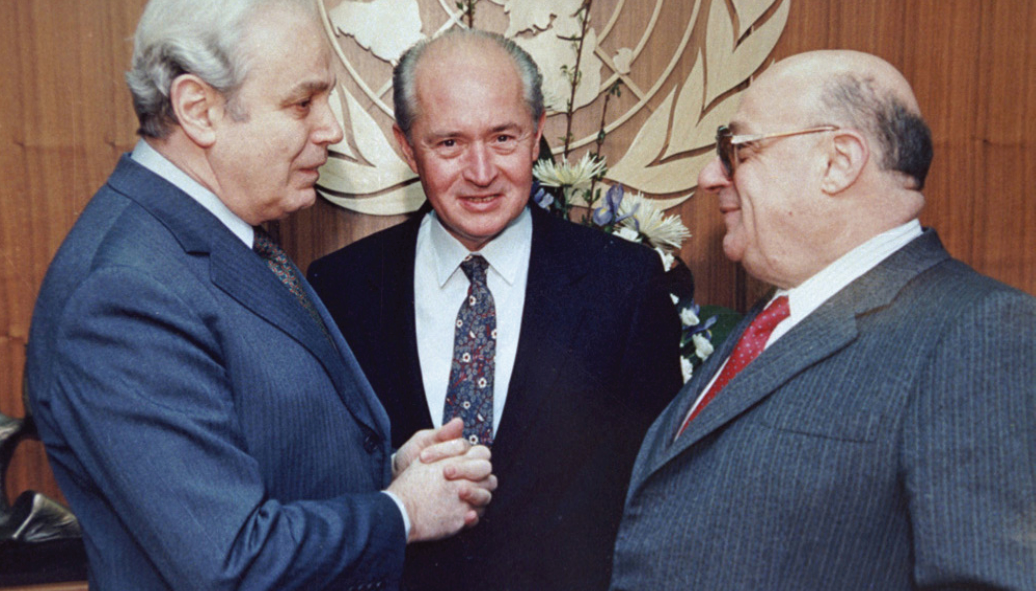 TRNC Rauf R. Denktas, Greek Cypriot leader George Vasiliou and the U.N. Secretary General Presez de Cuellar